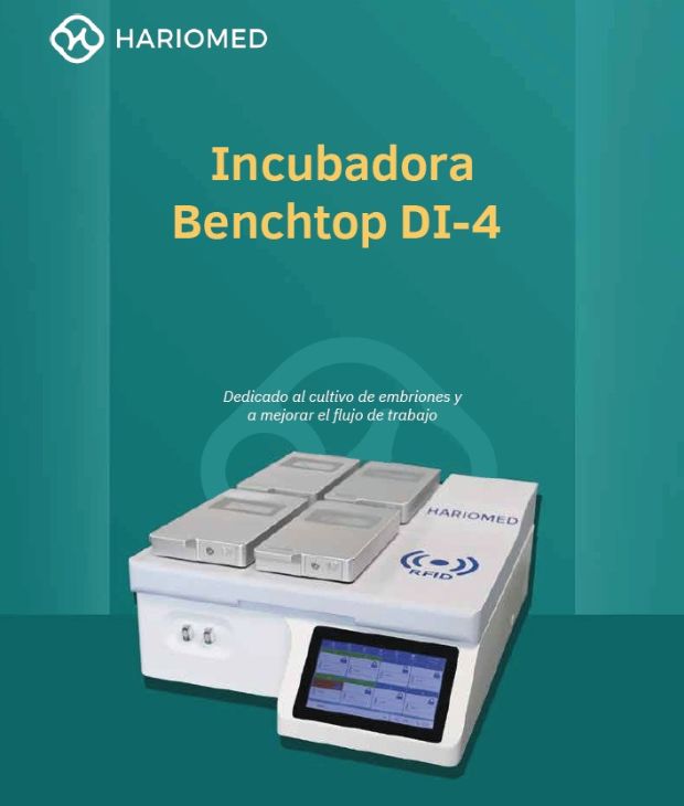 Publicidad de la Incubadora Benchtop Haromed DI-4, un equipo con 4 cámaras independientes para el cultivo de embriones. El diseño incluye una pantalla táctil y tecnología RFID para mejorar el flujo de trabajo en laboratorios de fertilidad.