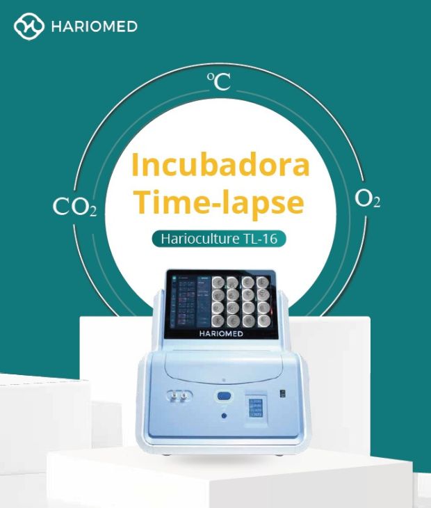 Publicidad de la Incubadora Time-lapse de Haromed, modelo Harioculture TL-16. El equipo para FIV controla los niveles de CO2, O2 y temperatura para el cultivo y la monitorización continua de hasta 16 embriones.