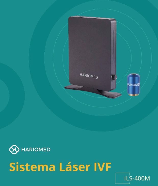 Portada del producto Sistema Láser IVF de Haromed, modelo ILS-400M. La imagen muestra la unidad de control del láser y el módulo objetivo para microscopio, un equipo diseñado para laboratorios de Fecundación In Vitro.