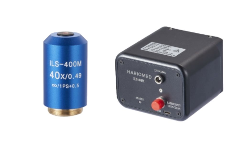 Objetivo de sistema láser para microscopio ILS-400M de 40x junto a su fuente de control Hariomed.